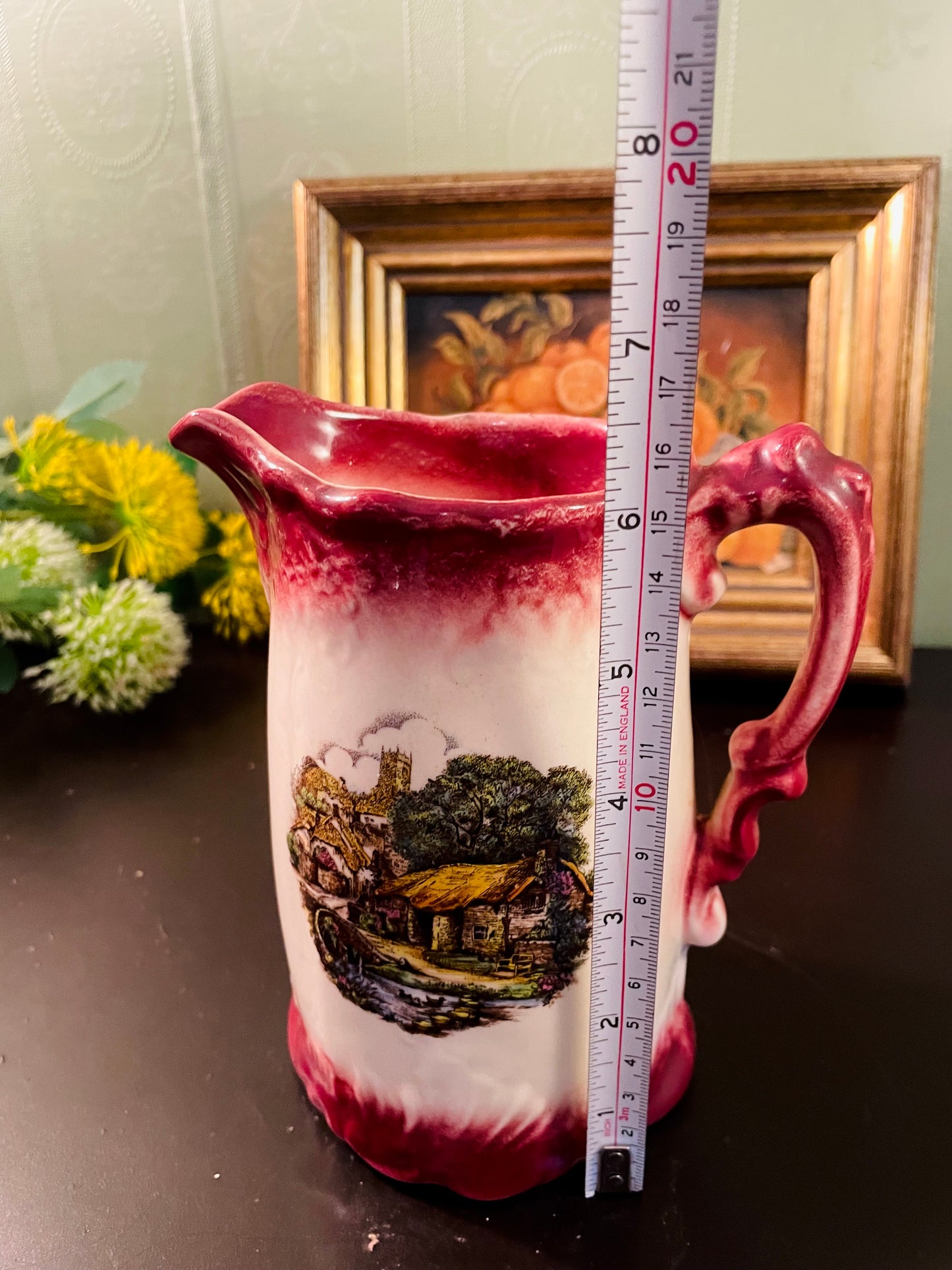 Vintage English Cottage Scene Ceramic Pitcher – 16 cm