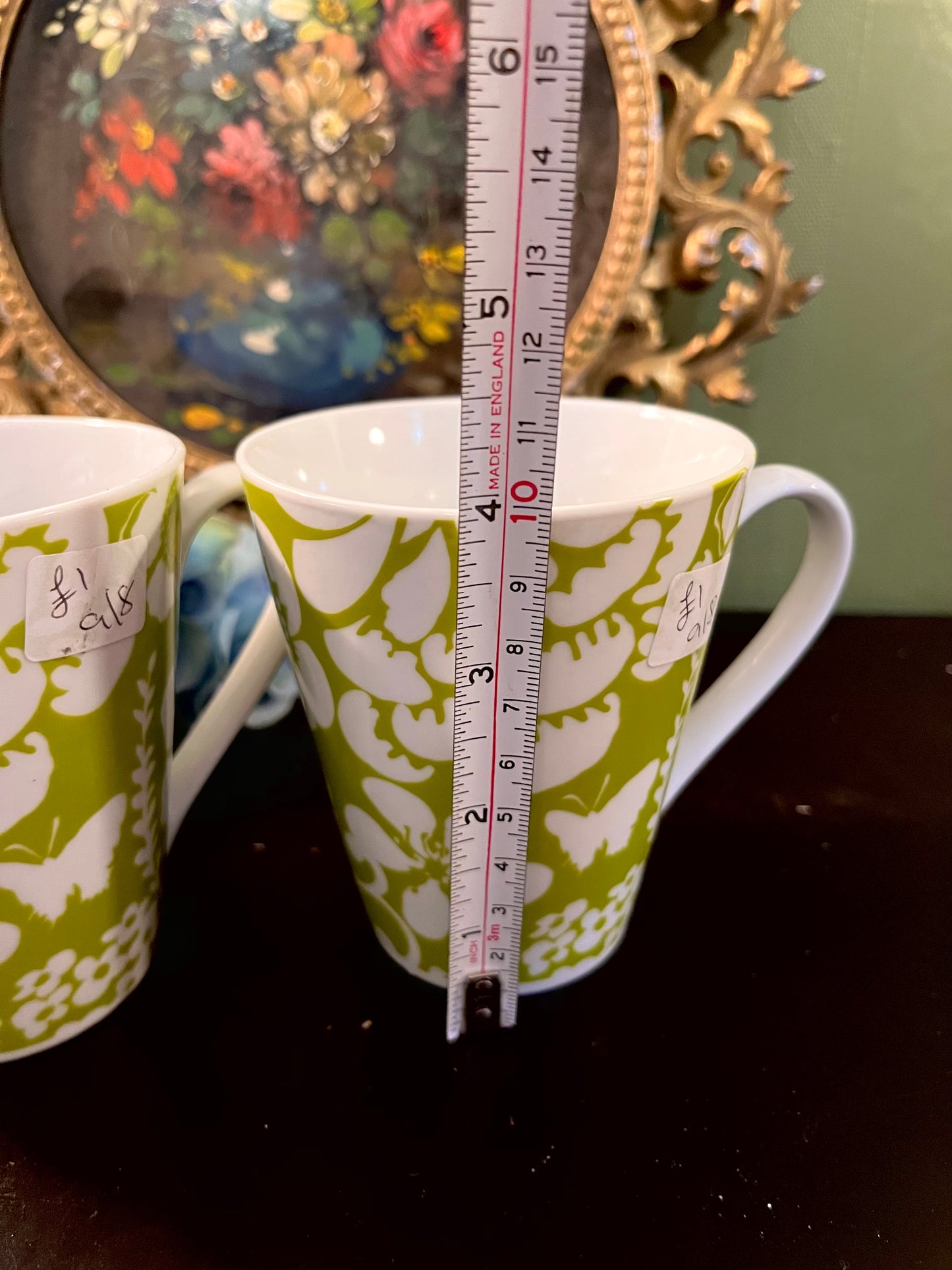 Set of 2 Green & White Floral Ceramic Mugs