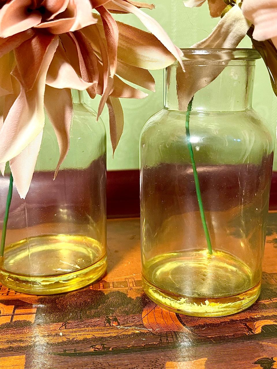 Set of 2 Amber Glass Bud Vases with Artificial Flowers | 8 Inch