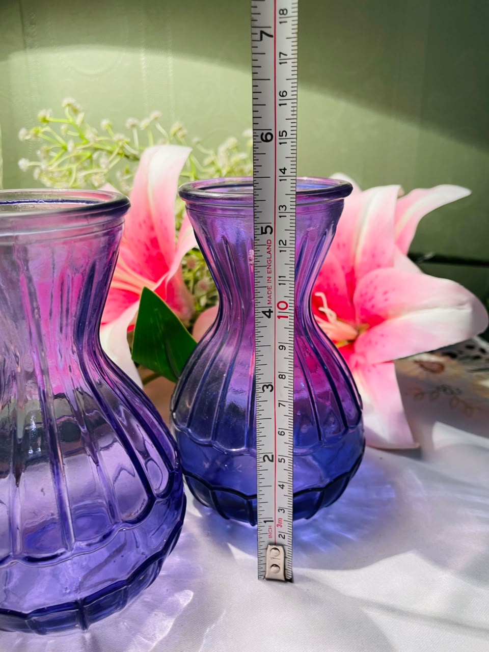 Purple Ribbed Crystal Vases 2-Piece Set Approx. 14 cm