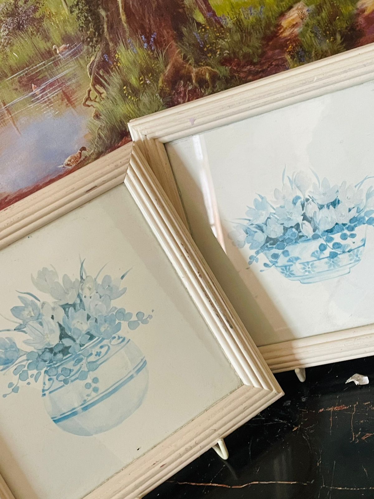 Set of 2 Vintage Blue Floral Wall Frames – Water Color Paintings , England Home Decor