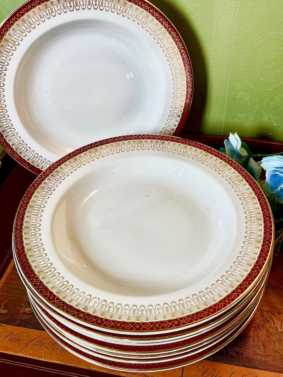 Red & Gold Border Deep Plates Set of 8 Approx. 9 Inch