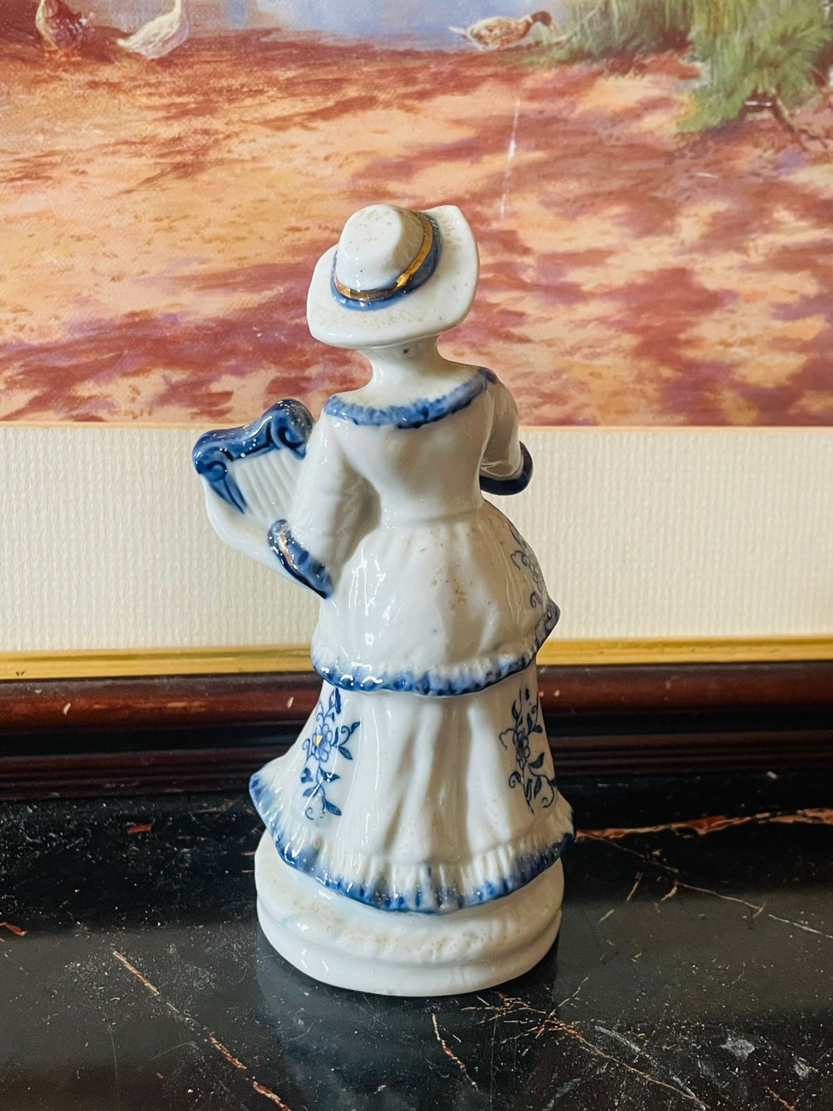 Vintage Porcelain Figurine in White and Blue – Playing Harp (England) Blue Pottery Home Decor