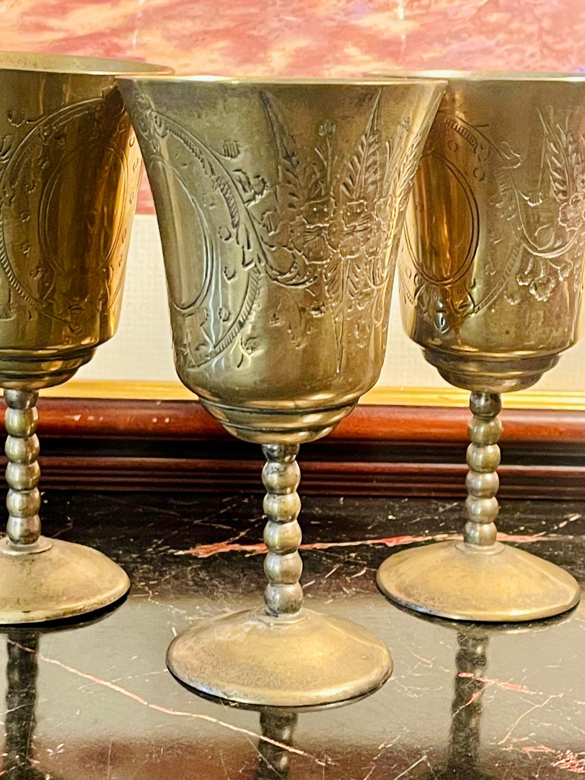 Set of 3 Vintage Brass Goblets with Intricate Floral Engravings