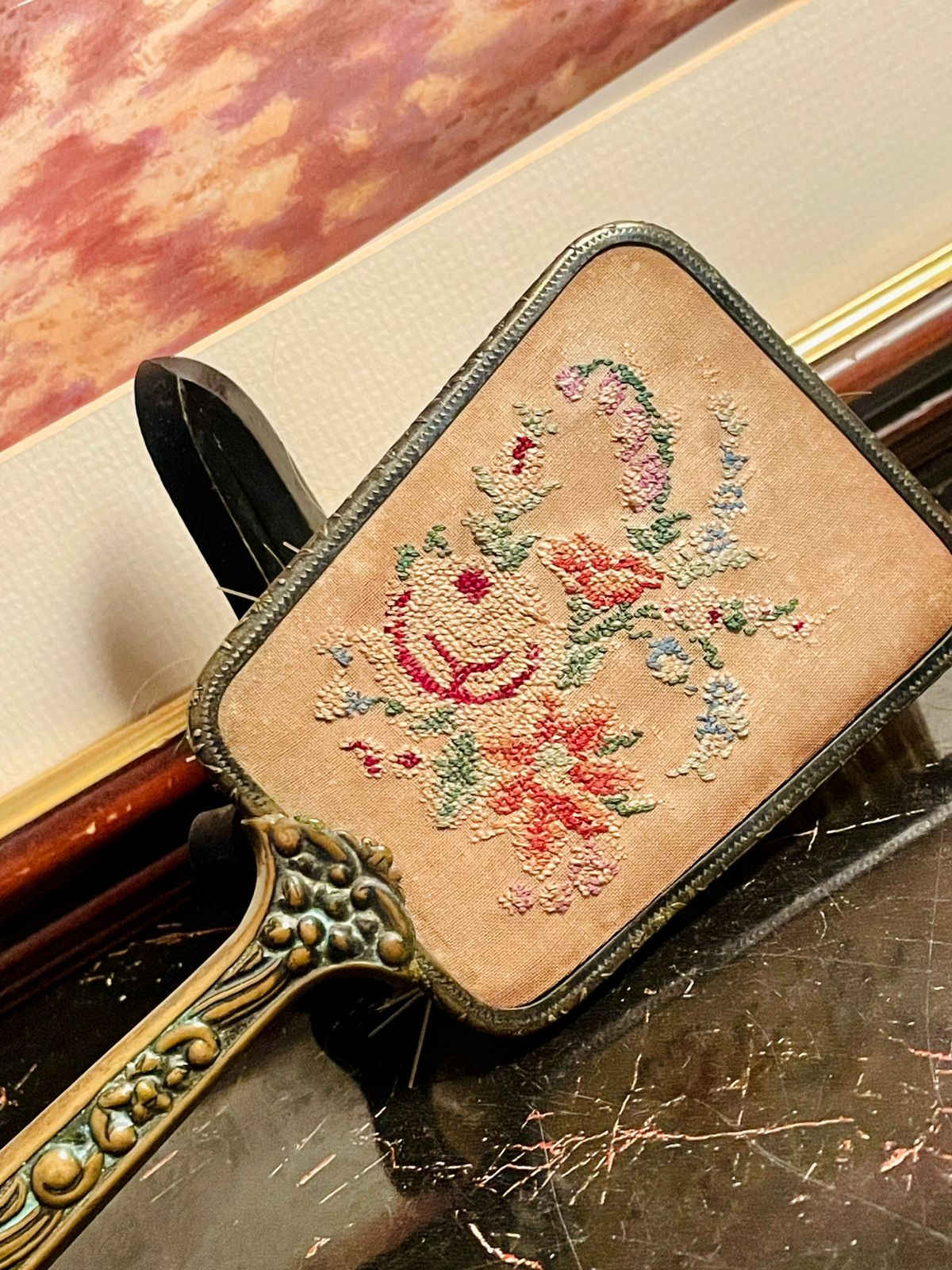Vintage Ornate Hand Brush with Embroidered Back & Brass Floral Handle – England