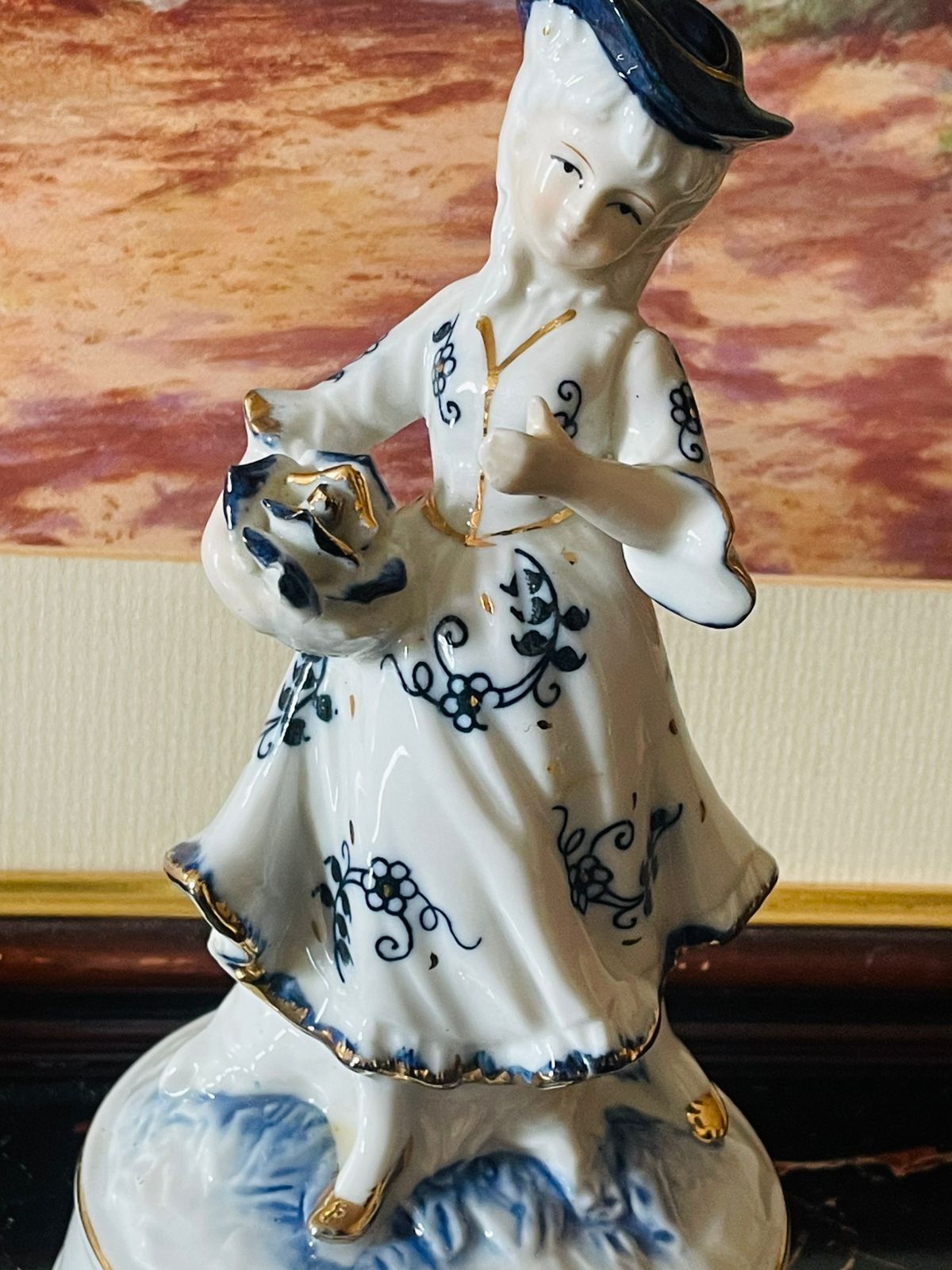 Musical Vintage Porcelain Girl Figurine with Hat & Basket – Blue Floral Dress (Music Box Base) Blue pottery