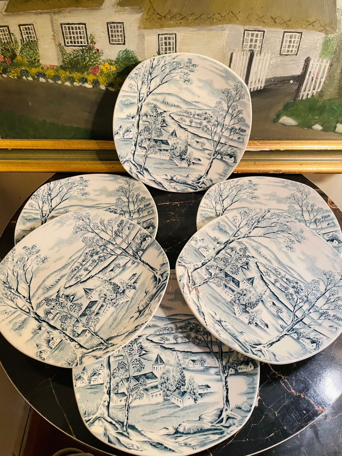 Set of 6 Scarce Vintage Midwinter Fashion Style 'Happy Valley' Blue & White Ironstone Quarter Plates