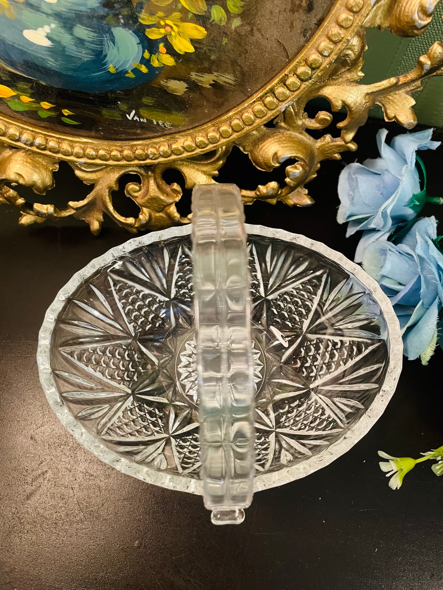 Vintage Crystal Glass Handled Basket
