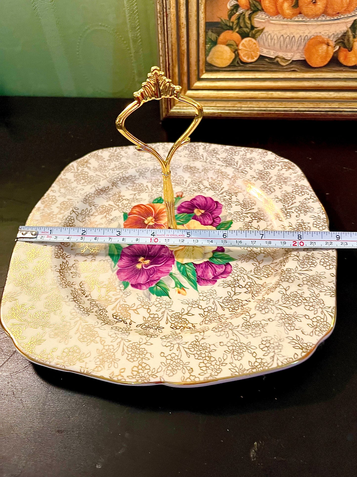 Vintage Floral Porcelain Serving Plate with Gold Handle – Square Cake Tray