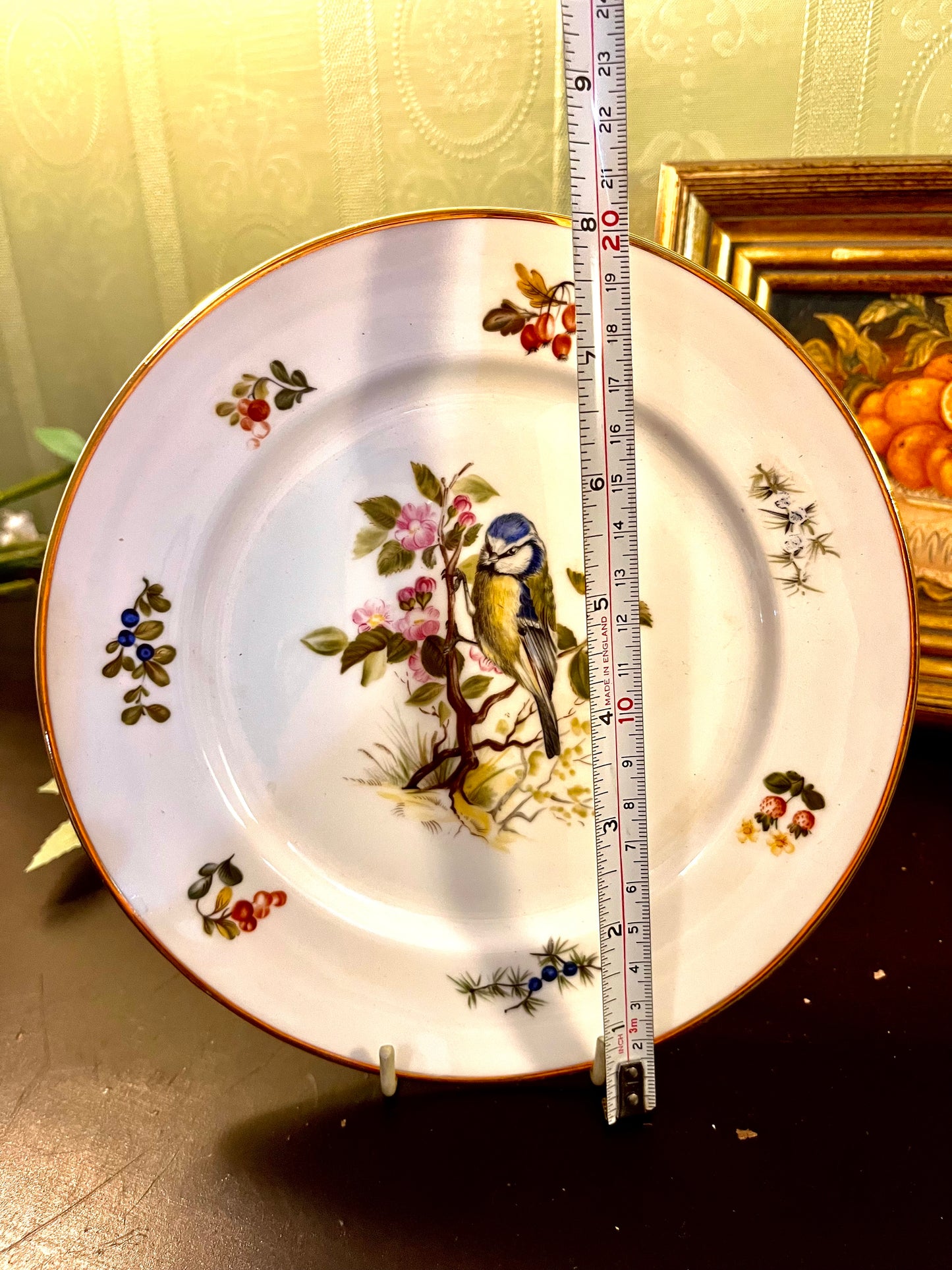 Vintage Blue Tit Bird Porcelain Decor Plate Gold Rim 23cm