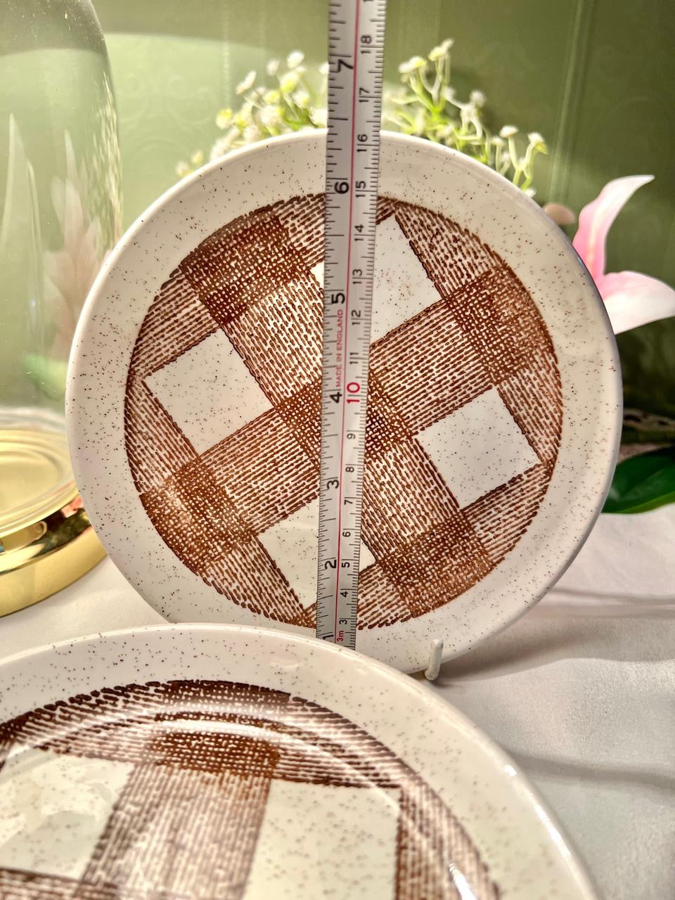 6-Piece Brown Check Ceramic Side Plate Set 6.25 in