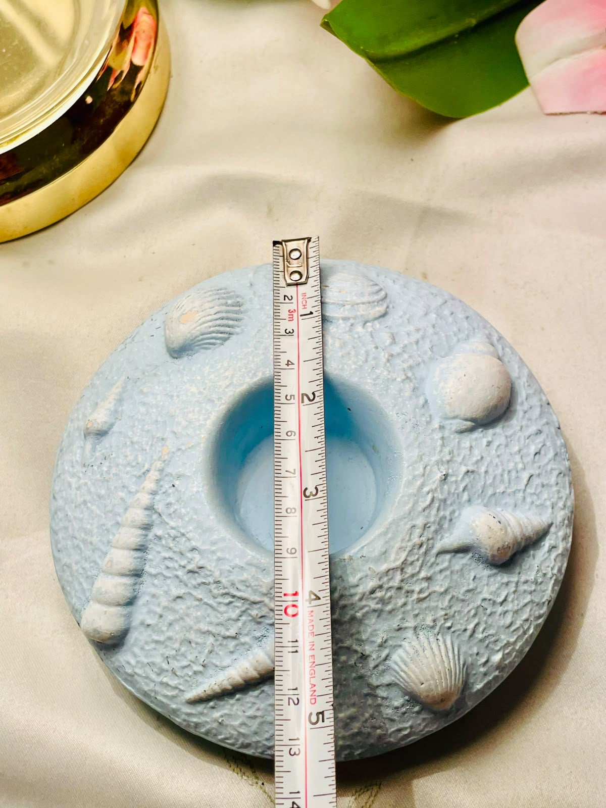 Vintage Pastel Blue Seashell Coastal Candle Holder 13cm
