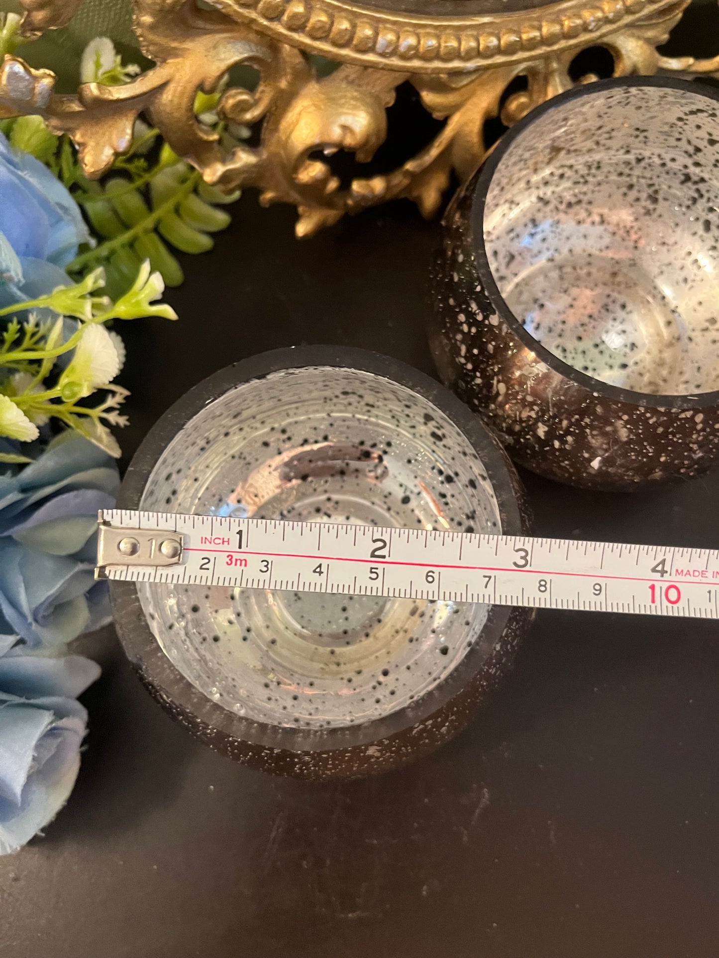 Set of 2 Mercury Glass Candle Holders / Speckled Silver Votive Bowls