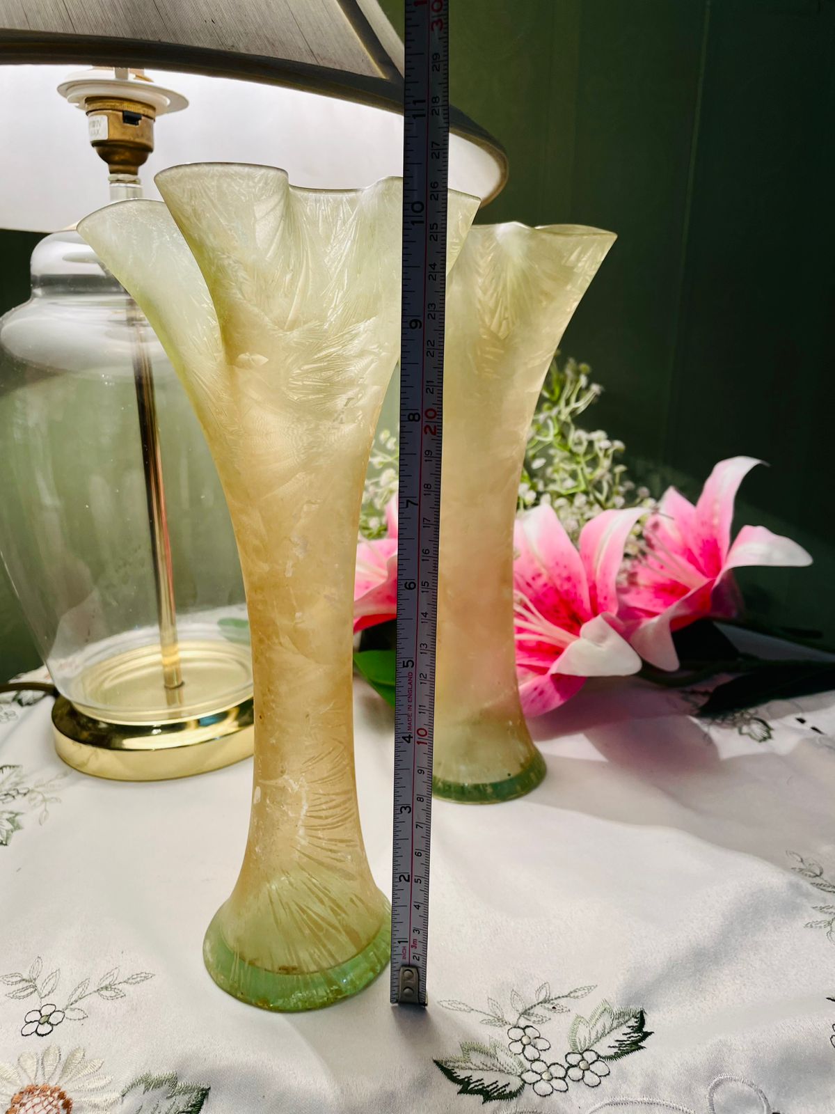 Vintage Pale Yellow Crystal Vases Set of 2 27 cm