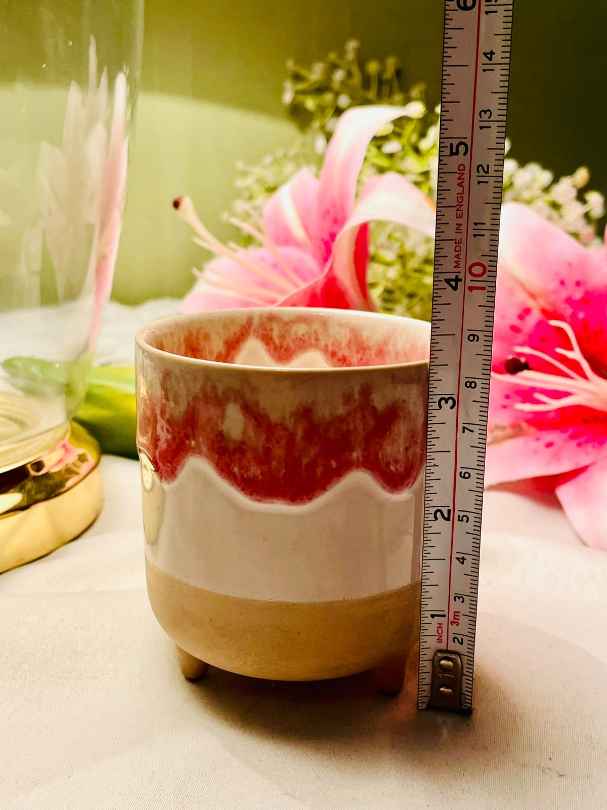 Scented Candle in Red & Cream Glazed Ceramic Pot 4 Inch