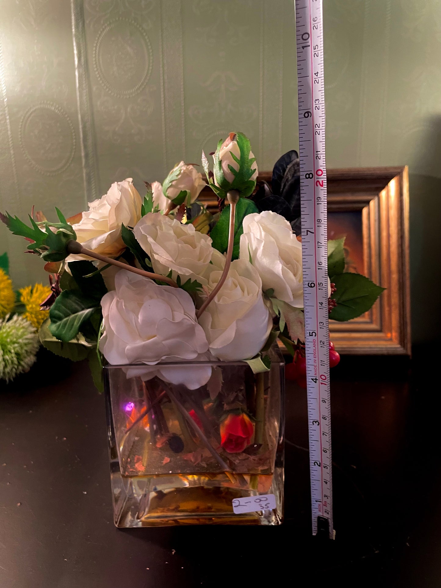 Artificial White Rose Arrangement in Square Glass Vase 9 Inch
