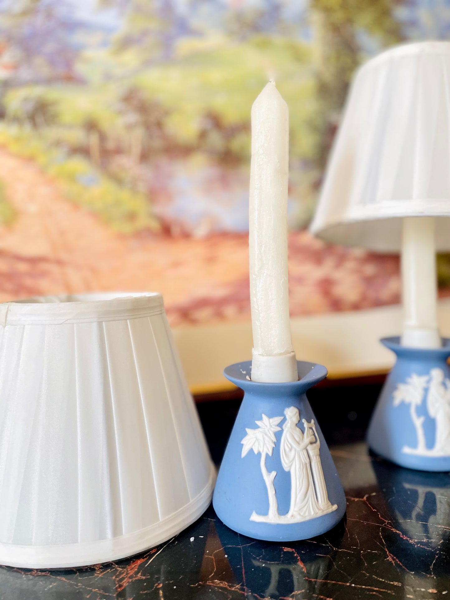(RARE FIND) Pair of Wedgwood-Style Jasperware Table Lamps with White Relief & Pleated Shades