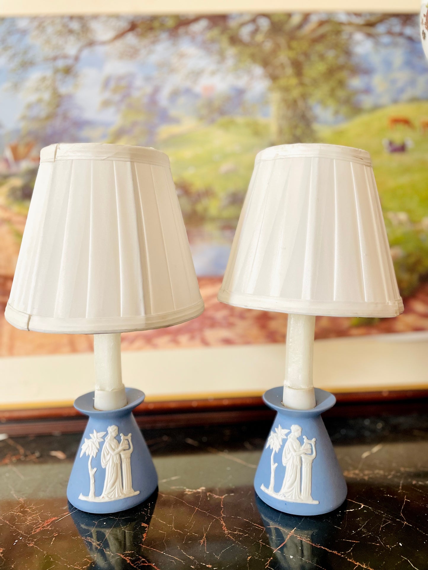 (RARE FIND) Pair of Wedgwood-Style Jasperware Table Lamps with White Relief & Pleated Shades