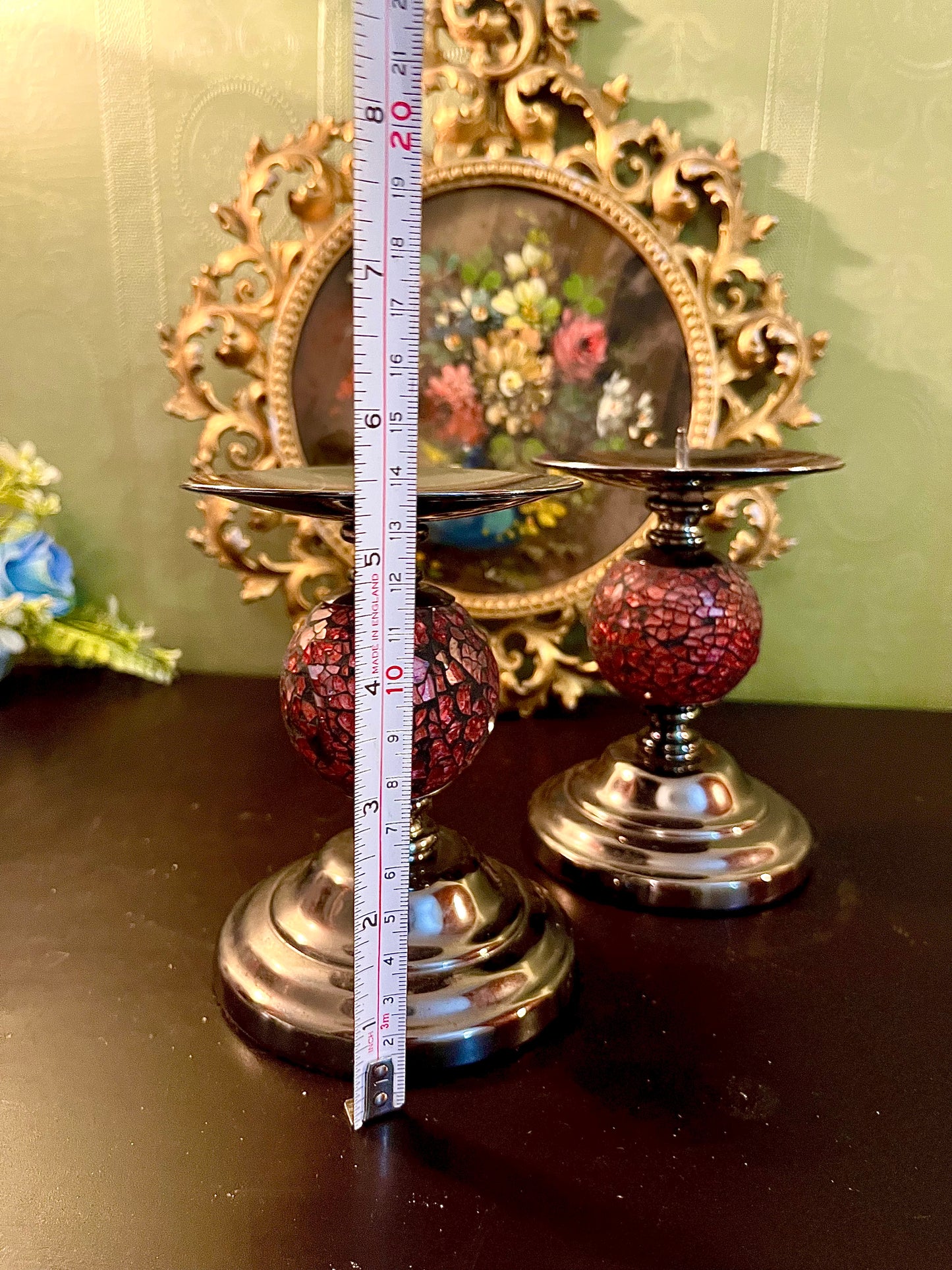 Pair of Red Mosaic Glass & Silver Pillar Candle Holders