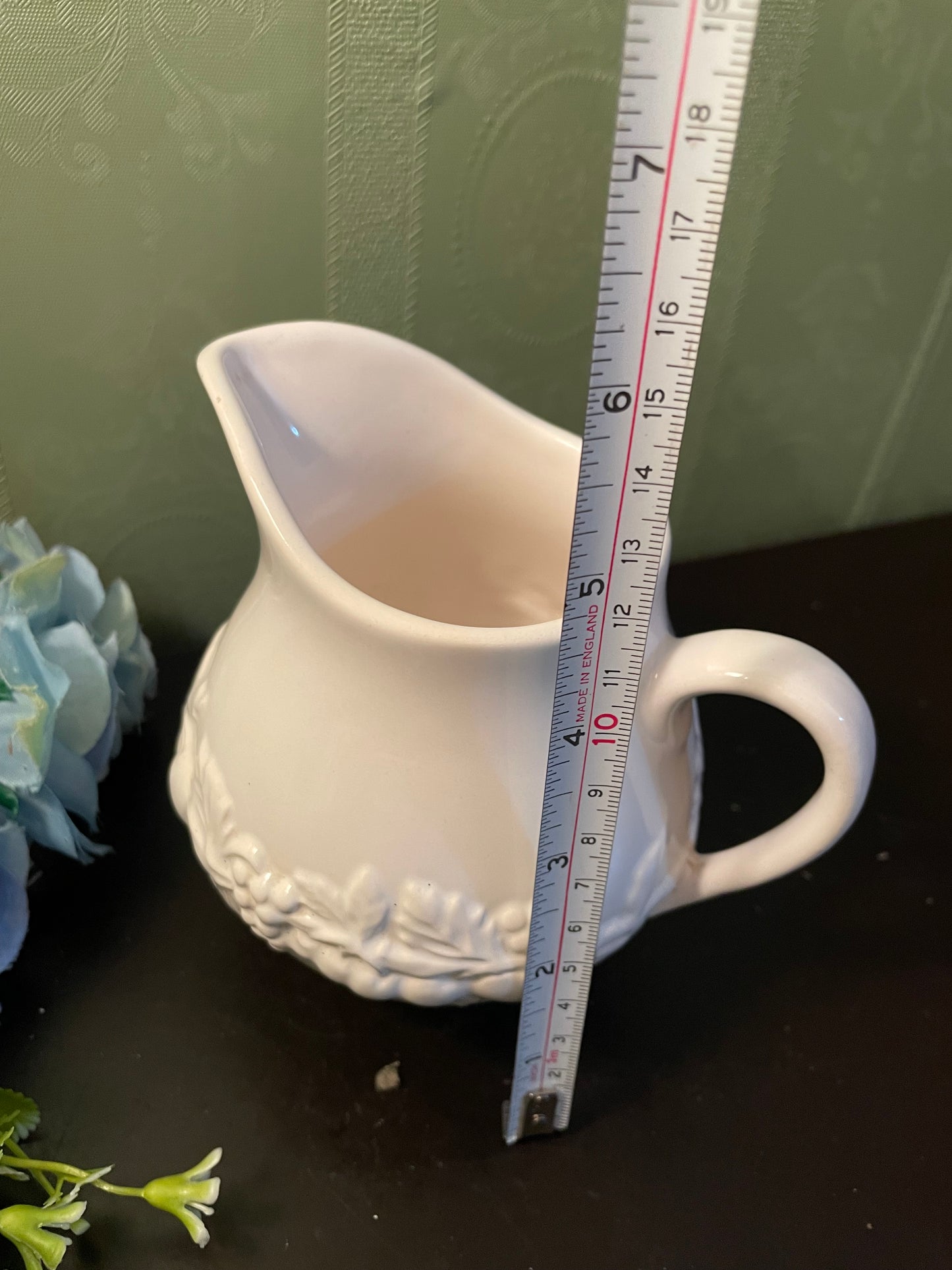 White Ceramic Floral Embossed Milk Jug Creamer Pitcher