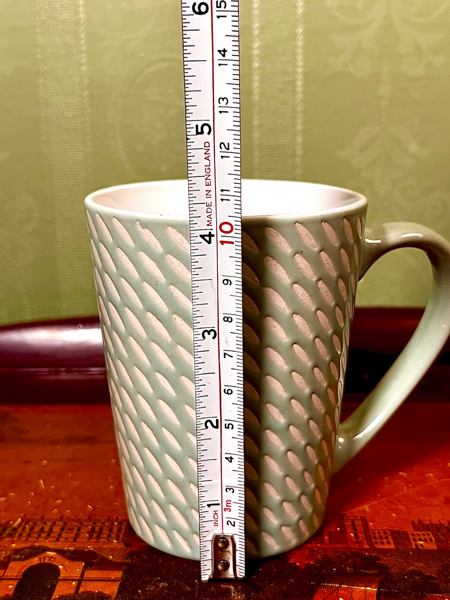 Lumelm Textured Sage Green Ceramic Mug Raised Dash Pattern