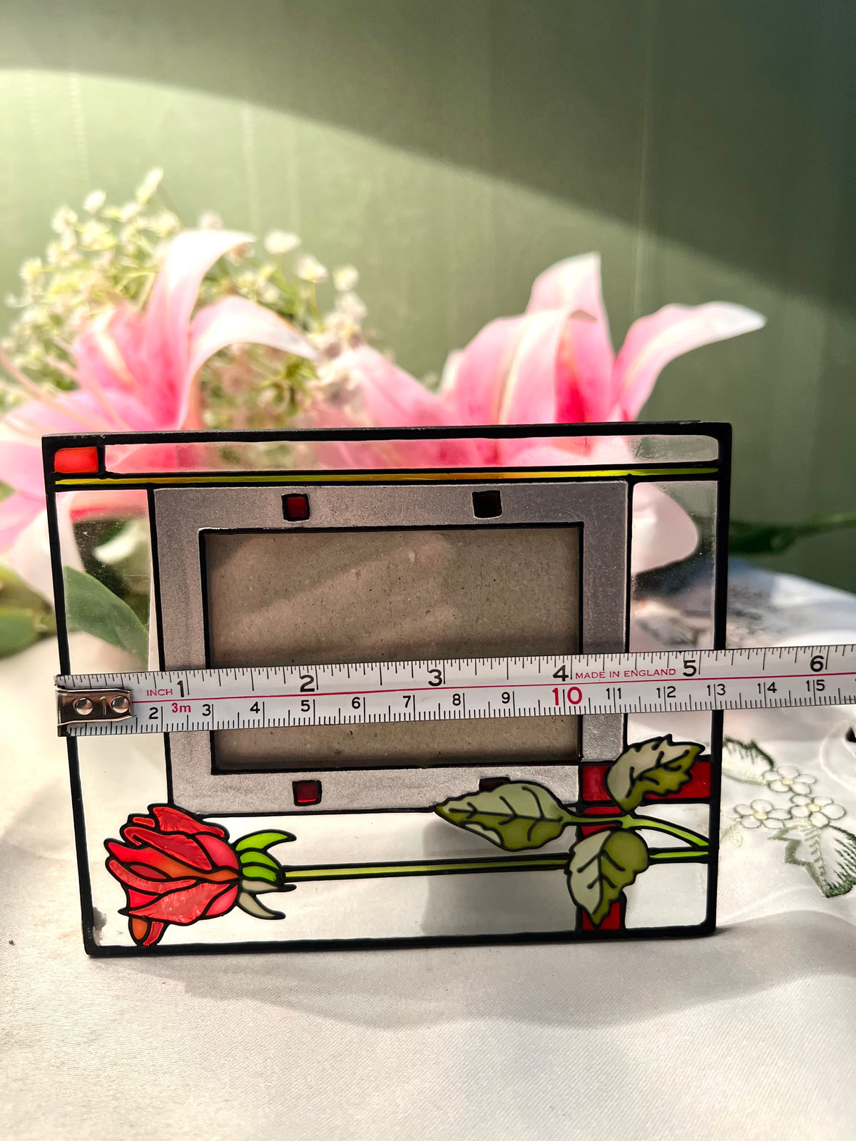 Vintage Hand painted Stained Glass Rose Photo Frame 15cm