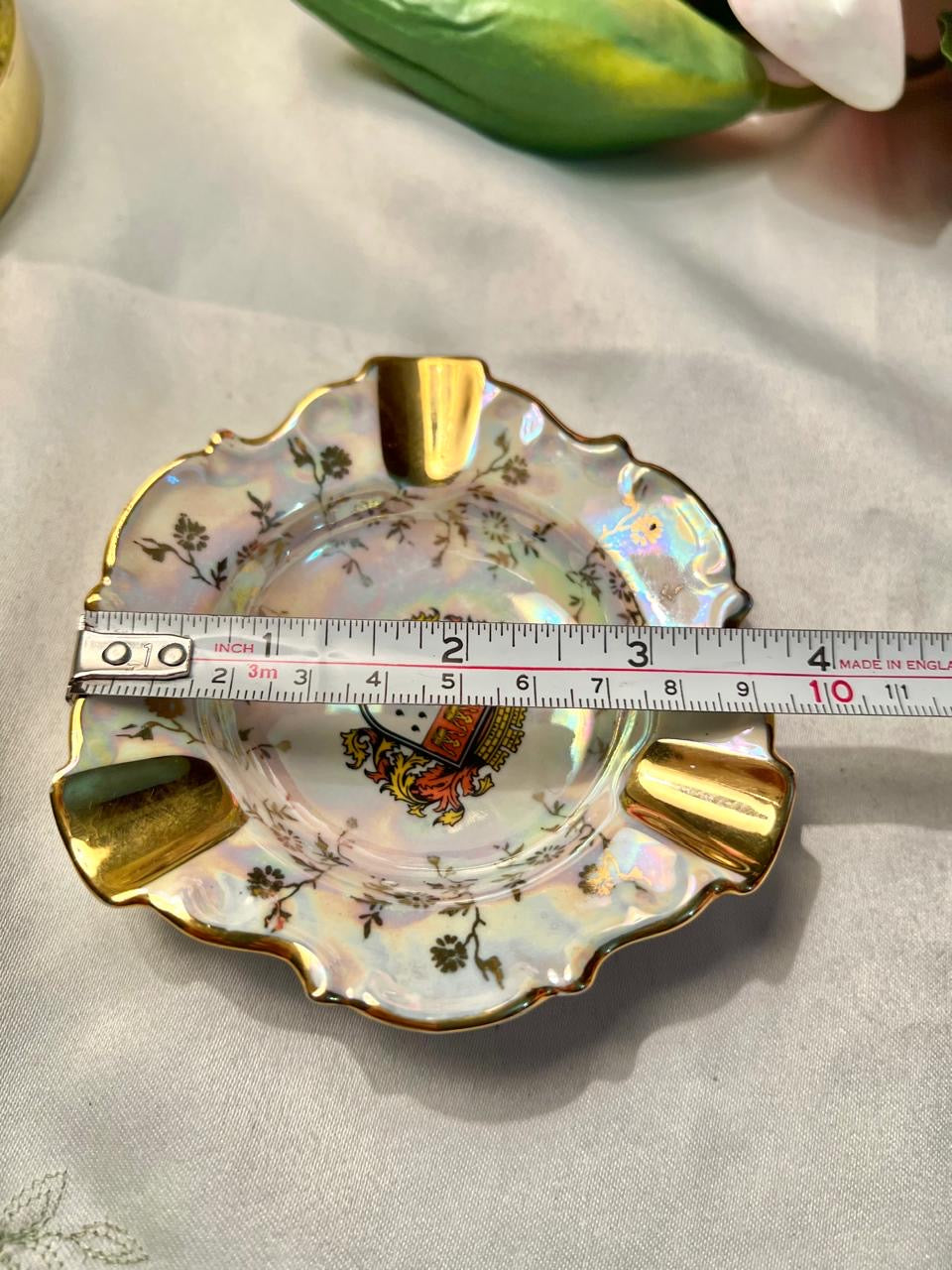 Vintage German Lustre Ashtray Gold Trim Crest Design 10 cm