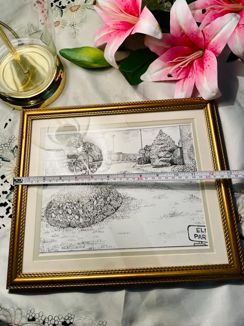 Framed Park Landscape Painting Gold-Tone Frame 32 cm , 13inches
