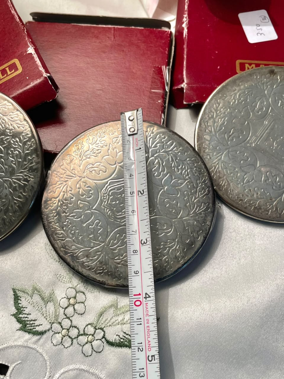 Vintage Silver Embossed Coasters 3-Piece Set Approx. 10 cm