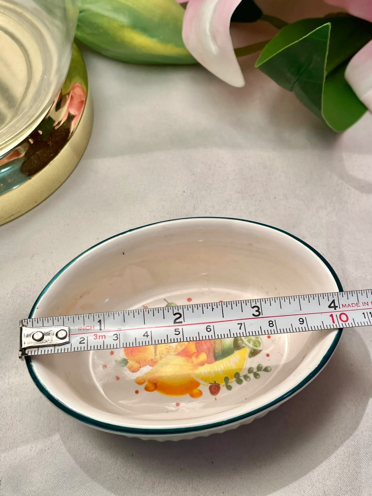 Vintage Oval Fruit & Vegetable Serving Dish, Green Rim, 4 in