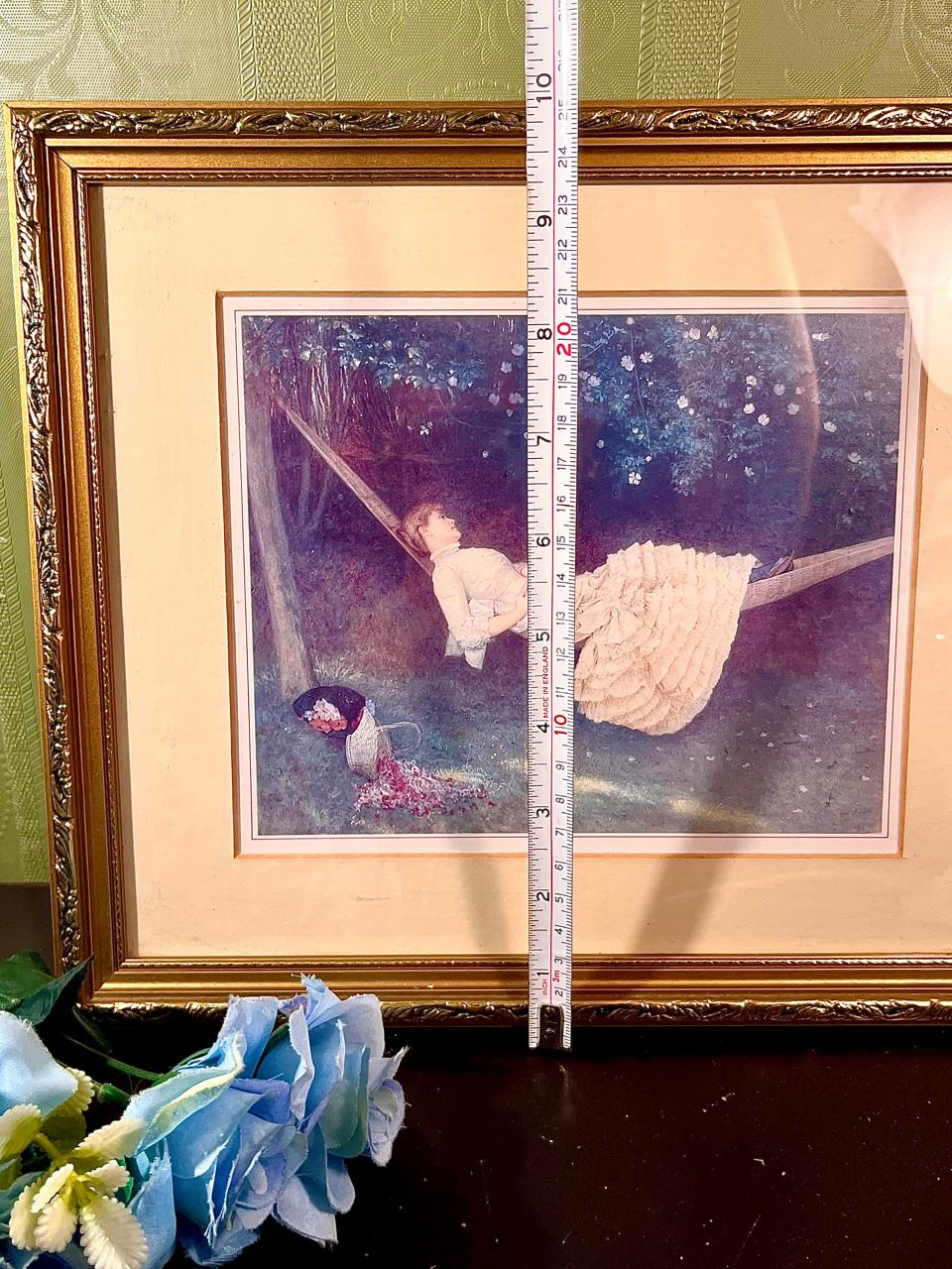 Vintage Framed water color painting Woman Resting in Hammock
