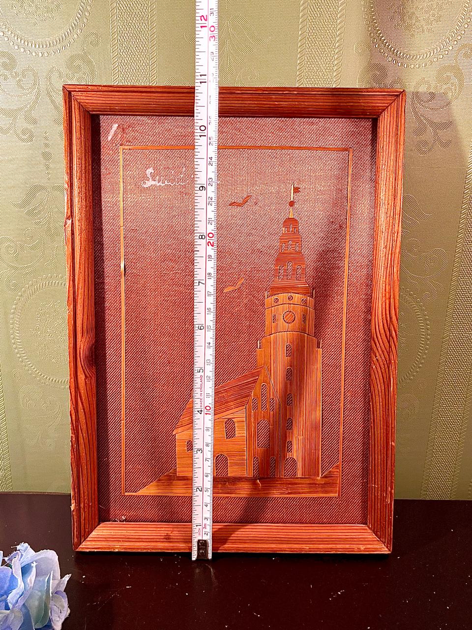 Vintage Sweden Framed Wood Veneer Church Artwork 11 in