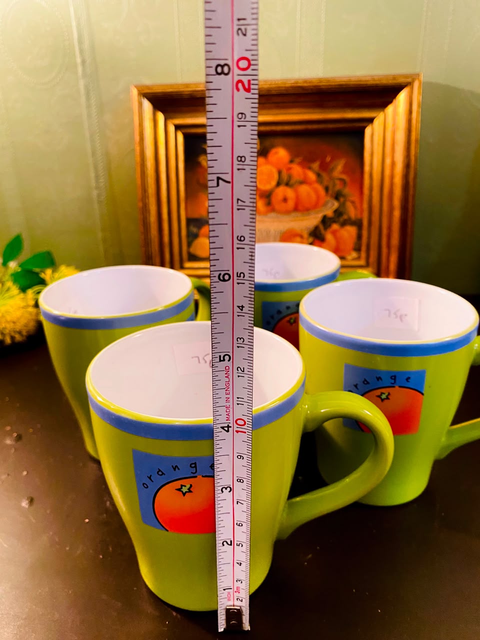 Lime Green Orange Motif Ceramic Mugs 4 Pieces 12cm