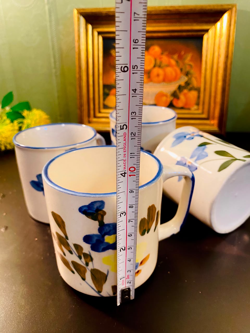 Blue Floral Ceramic Mugs White 4 Pieces 11cm