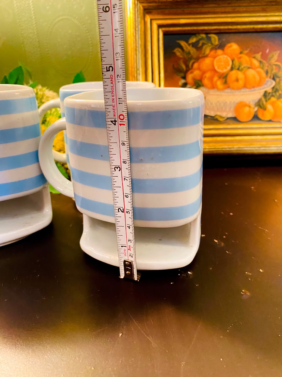 Blue Striped Ceramic Mugs with Pedestal Base 3 Pieces 11cm