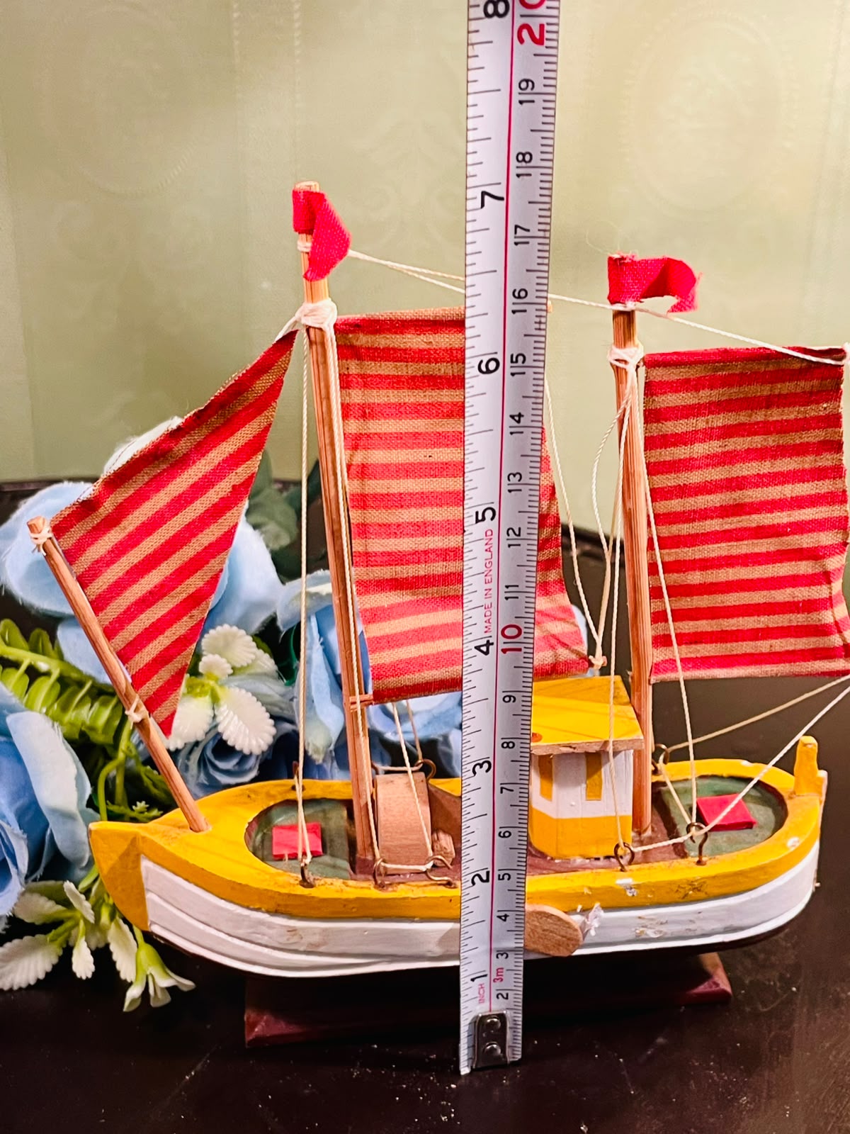 Miniature Wooden Sailboat with Red Striped Sails 20cm