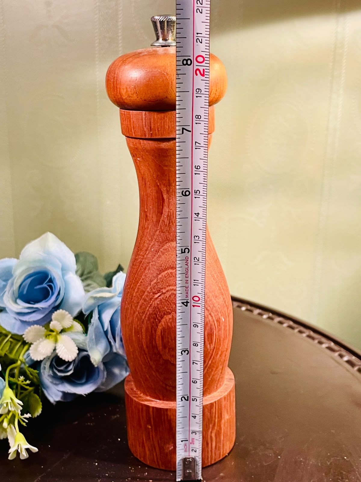Wooden Pepper Mill with Silver-Tone Knob Approx. 21cm