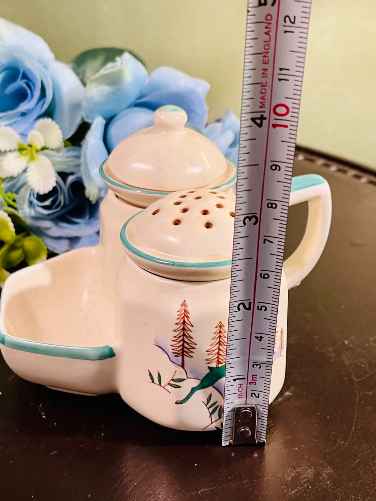 Vintage Ceramic Condiment Set Teal Trim 3 Piece 4 Inch