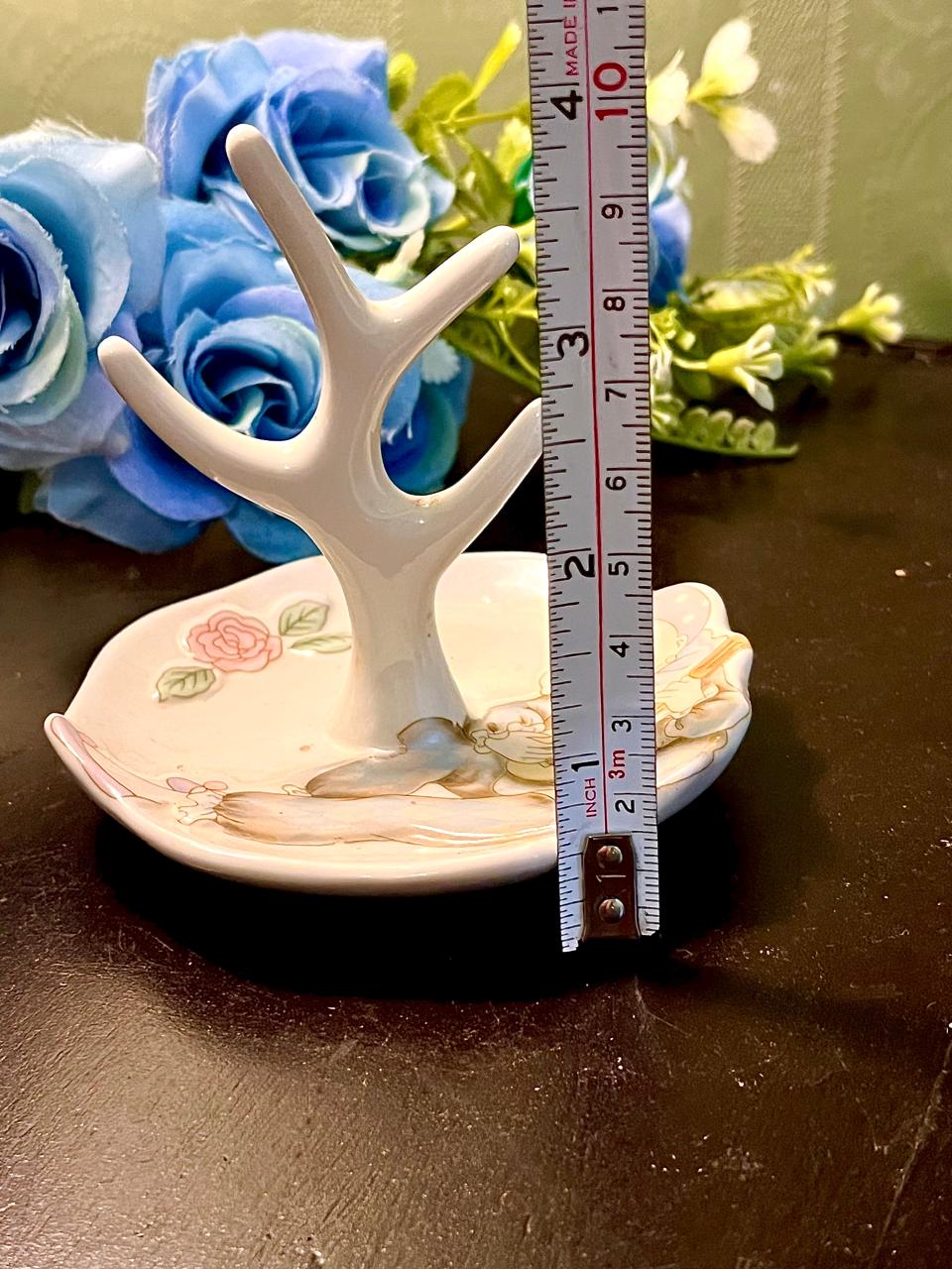 White Ceramic Ring Holder Trinket Dish Floral Design 4 Inch