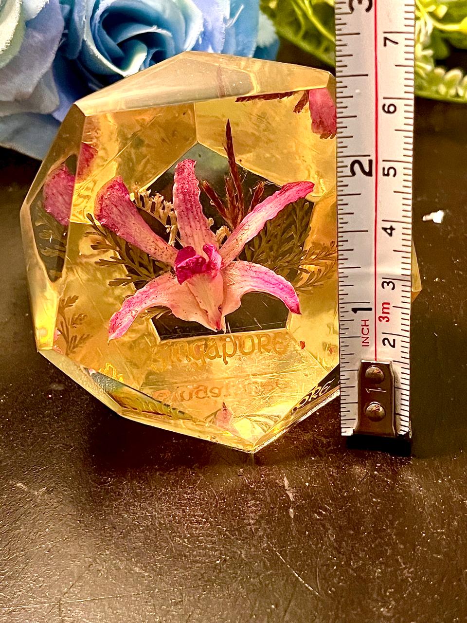 Singapore Pink Orchid Crystal Paperweight 3 Inch