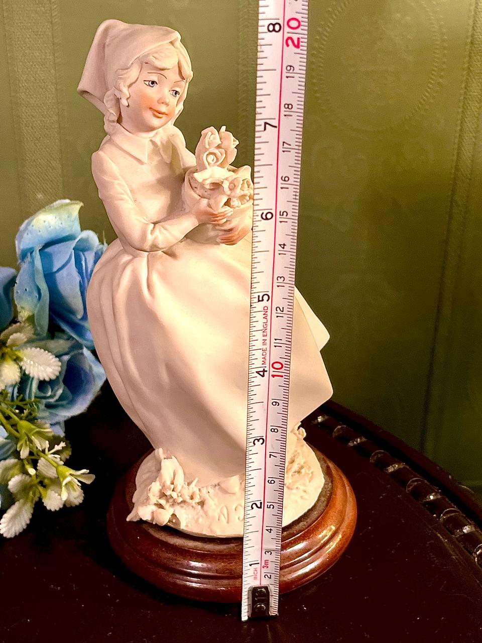Ivory Lady with Flowers Figurine on Wood Base 8 Inch