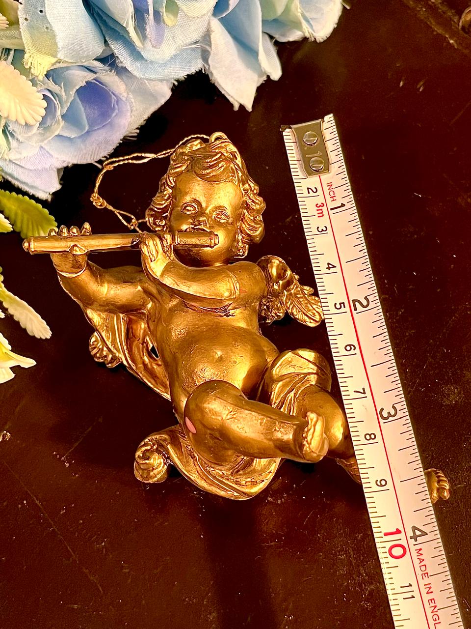 Gold Cherub Flute Wall Hanging Figurine 4 Inch