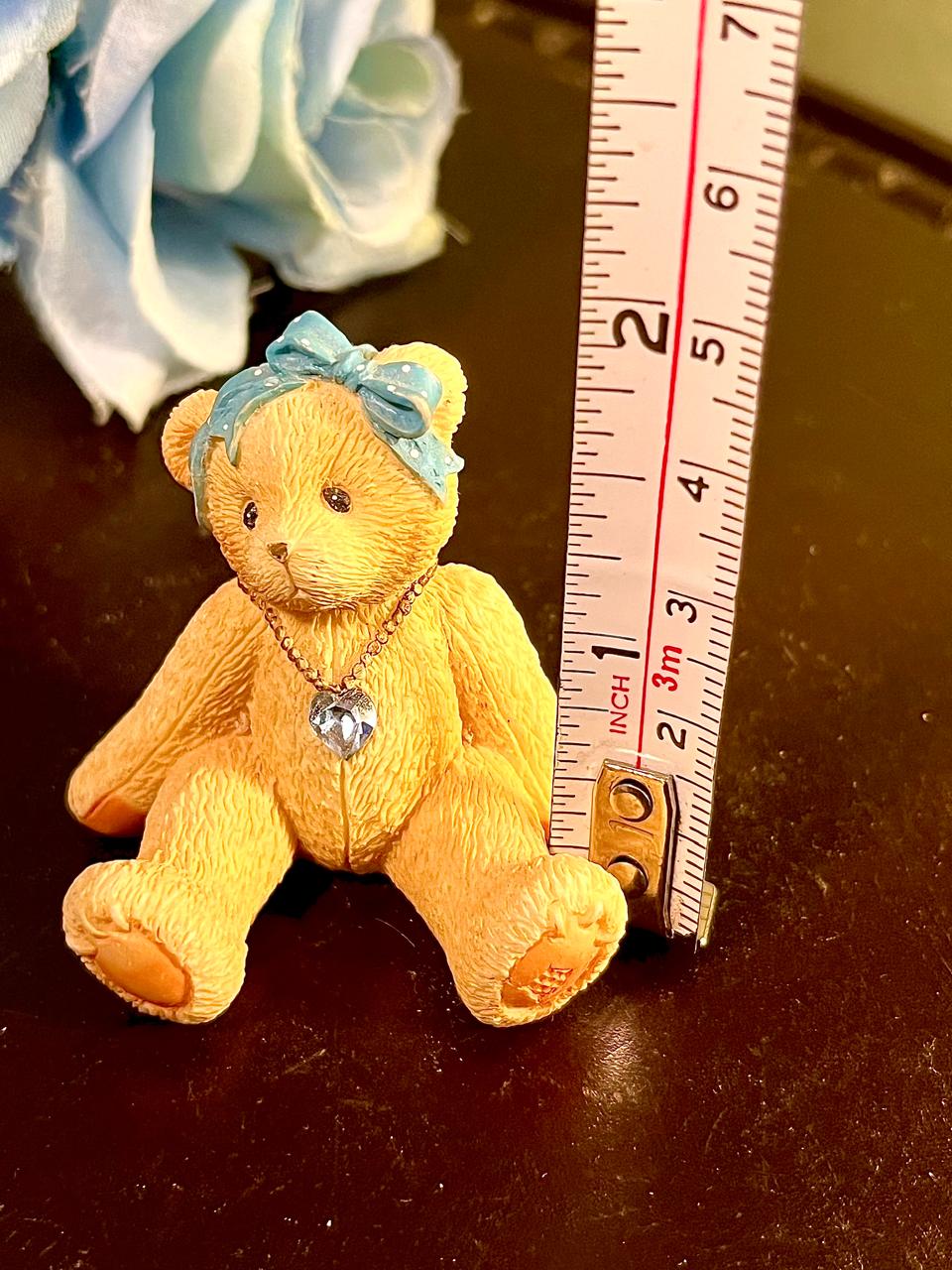 Teddy Bear with Blue Bow & Crystal Heart, Approx. 2 Inches