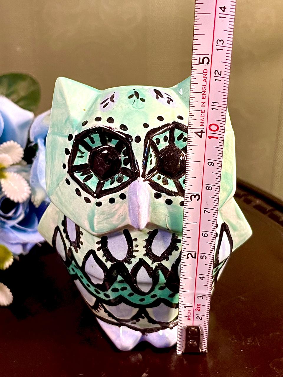 Mint Green Owl Figurine with Black Geometric Detail, 4.5 Inches