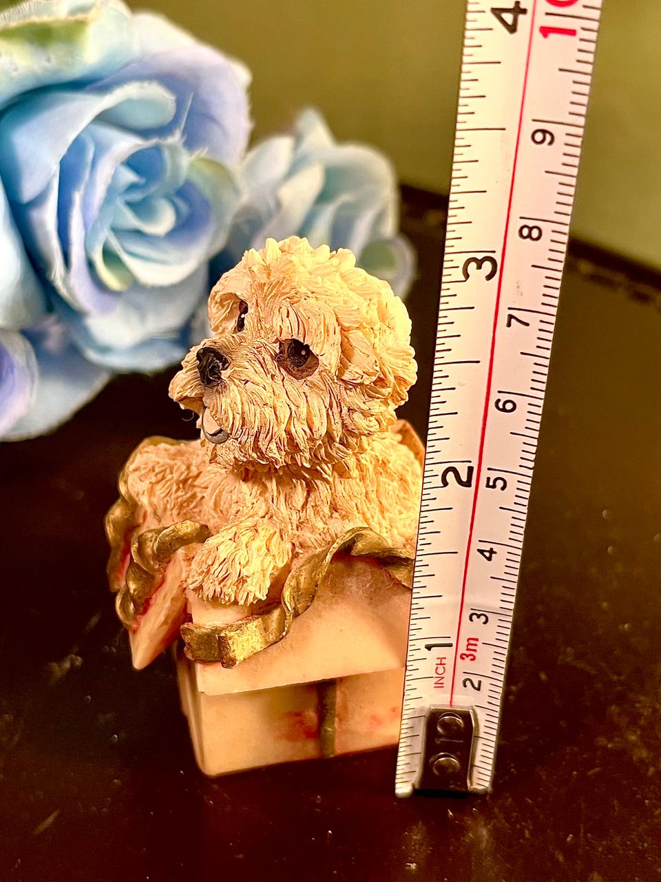 Cream Dog on Gift Box Figurine, Approx. 3 Inches