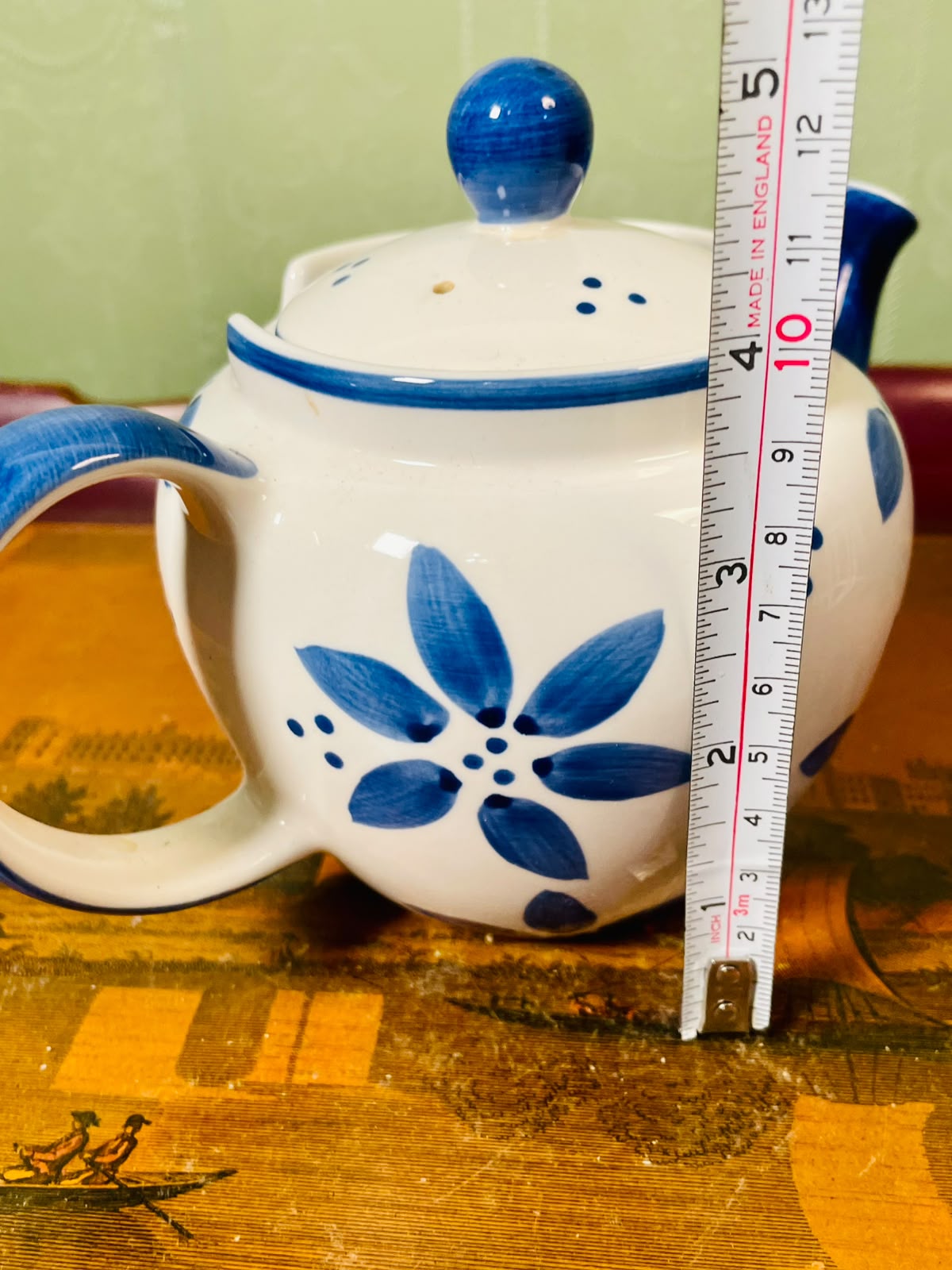 Vintage Blue Floral Pottery Teapot with Lid 13cm