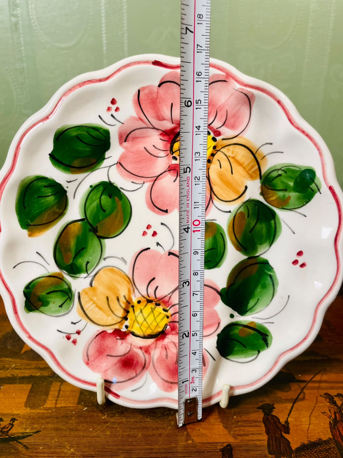 Hand-Painted Floral Scalloped Ceramic Plate Pink Green 16cm