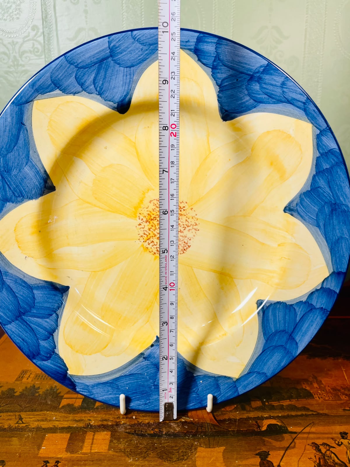Large Hand-Painted Blue & Yellow Floral Ceramic Dinner Plate – Decorative or Serving Plate (26 cm)