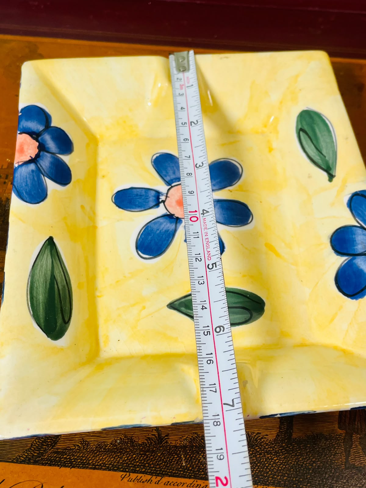 Hand-Painted Square Ceramic Serving Dish – Yellow Blue Floral Decorative Plate, 18 cm