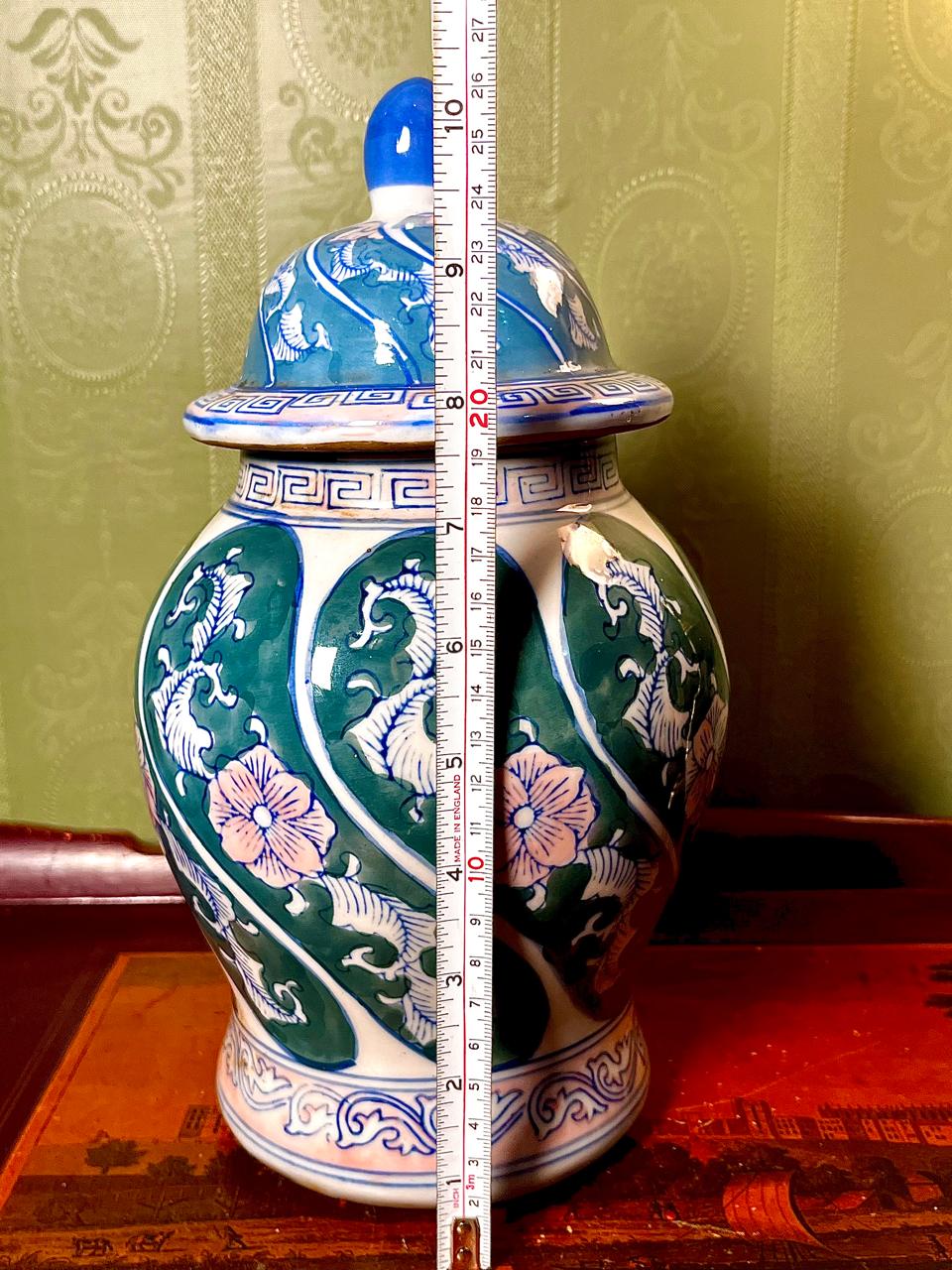 Rare find Asian Style Green Blue Floral Ceramic Ginger Jar with Lid 10 Inch